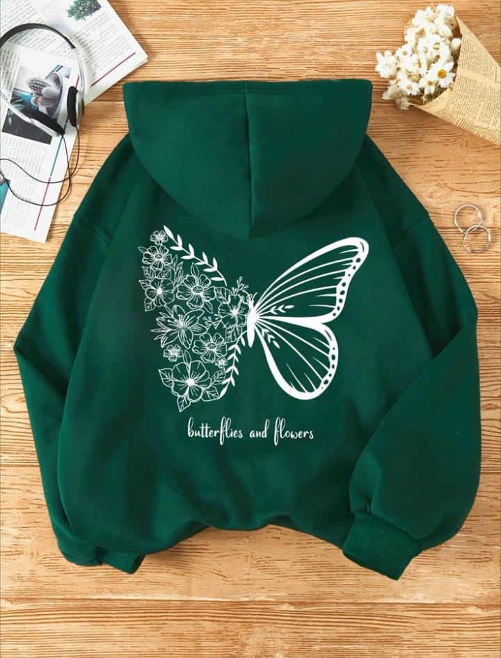 Butterflies & Flowers Graphic Hoodie (Green)